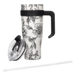 CMP KA0588 Termohrnček s držadlom a slamkou 1,2 l, béžový s kvetinovým vzorom