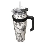 CMP KA0588 Termohrnček s držadlom a slamkou 1,2 l, béžový s kvetinovým vzorom