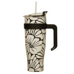CMP KA0588 Termohrnček s držadlom a slamkou 1,2 l, béžový s kvetinovým vzorom