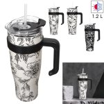 CMP KA0588 Termohrnček s držadlom a slamkou 1,2 l, béžový s kvetinovým vzorom