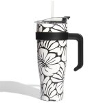 CMP KA0588 Termohrnček s držadlom a slamkou 1,2 l, béžový s kvetinovým vzorom