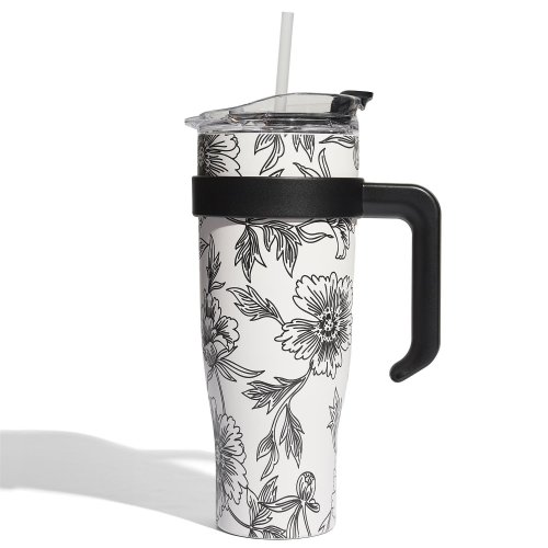 CMP KA0588 Termohrnček s držadlom a slamkou 1,2 l, béžový s kvetinovým vzorom