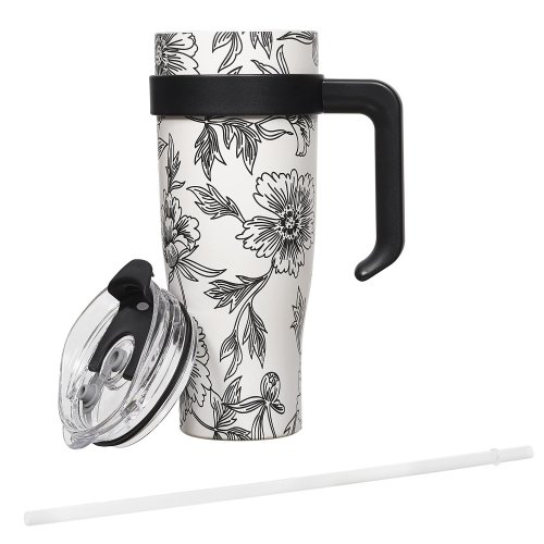 CMP KA0588 Termohrnček s držadlom a slamkou 1,2 l, béžový s kvetinovým vzorom