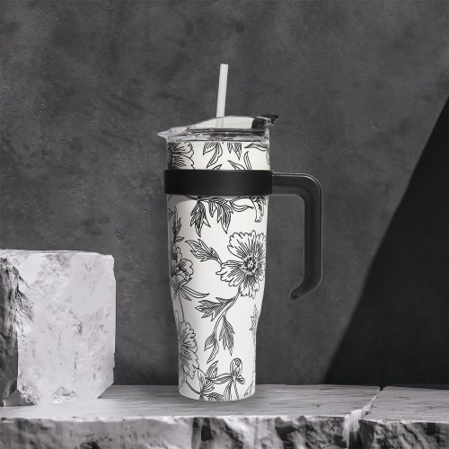 CMP KA0588 Termohrnček s držadlom a slamkou 1,2 l, béžový s kvetinovým vzorom