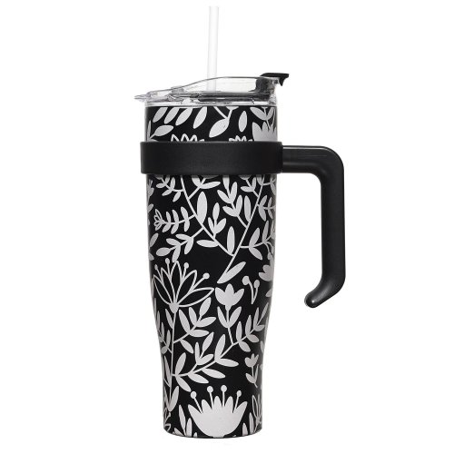 CMP KA0588 Termohrnček s držadlom a slamkou 1,2 l, béžový s kvetinovým vzorom