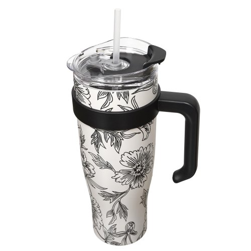 CMP KA0588 Termohrnček s držadlom a slamkou 1,2 l, béžový s kvetinovým vzorom