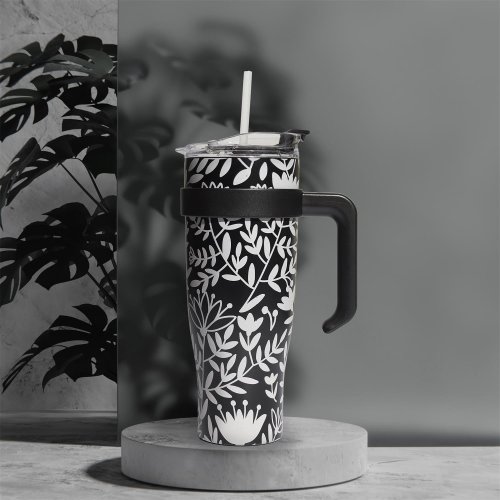 CMP KA0588 Termohrnček s držadlom a slamkou 1,2 l, béžový s kvetinovým vzorom