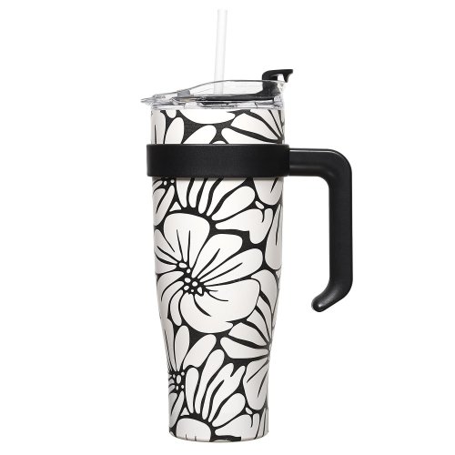 CMP KA0588 Termohrnček s držadlom a slamkou 1,2 l, béžový s kvetinovým vzorom