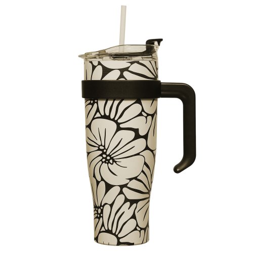 CMP KA0588 Termohrnček s držadlom a slamkou 1,2 l, béžový s kvetinovým vzorom