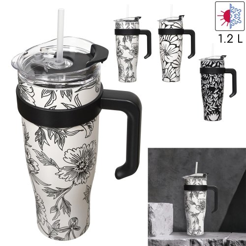 CMP KA0588 Termohrnček s držadlom a slamkou 1,2 l, béžový s kvetinovým vzorom