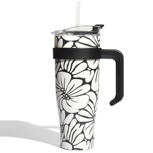 CMP KA0588 Termohrnček s držadlom a slamkou 1,2 l, béžový s kvetinovým vzorom