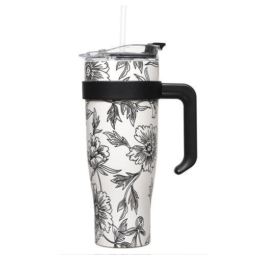 CMP KA0588 Termohrnček s držadlom a slamkou 1,2 l, béžový s kvetinovým vzorom