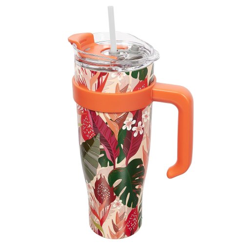 CMP KA0438 Termohrnček so slamkou a béžovým držadlom 1,2 l - tropický dizajn