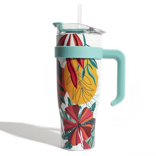 CMP KA0438 Termohrnček so slamkou a béžovým držadlom 1,2 l - tropický dizajn