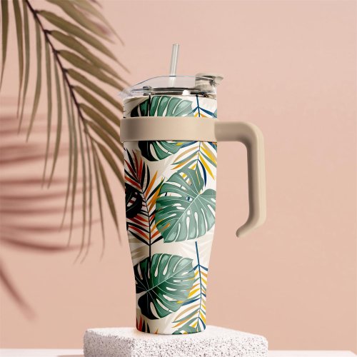 CMP KA0438 Termohrnček so slamkou a béžovým držadlom 1,2 l - tropický dizajn