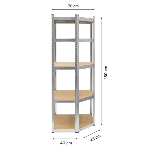 Rebel RB-1254 Kovový rohový skladovací regál, 5 polic, 180 x 40 x 70 cm, 875 kg, stříbrná