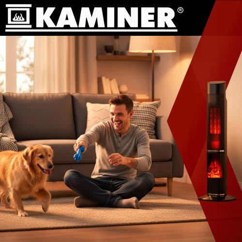 Kaminer 26401 Sloupový elektrický ohřívač s efektem plamene, 2000 W, dálkový ovládač