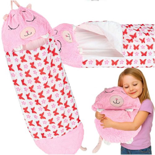 KIK KX3016 Dětský spací pytel a polštář 2 v 1, 125 x 50 cm, růžový s motýli