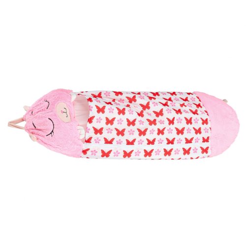 KIK KX3016 Dětský spací pytel a polštář 2 v 1, 125 x 50 cm, růžový s motýli