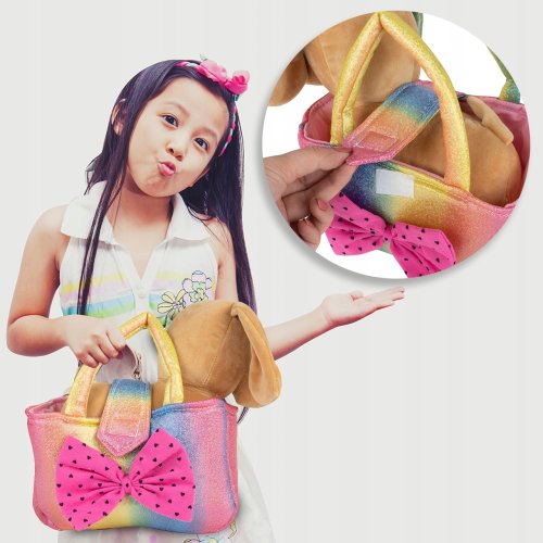 MalPlay Plyšový pejsek v duhové kabelce 23 cm, hnědý