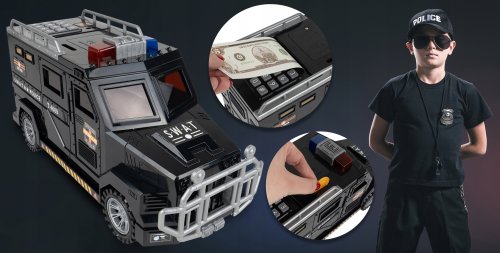 MalPlay Detská pokladnička do auta na ukladanie peňazí pomocou hesla a odtlačku prsta