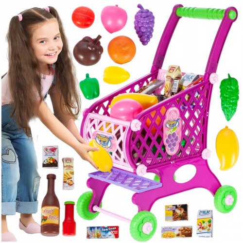 MalPlay Dětský nákupní vozík s potravinami, růžový