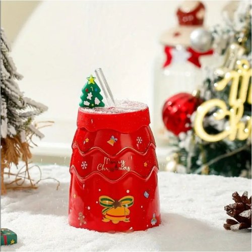 eCa KB06CZE Štýlový vianočný termohrnček v tvare stromčeka so slamkou, 400 ml, červený