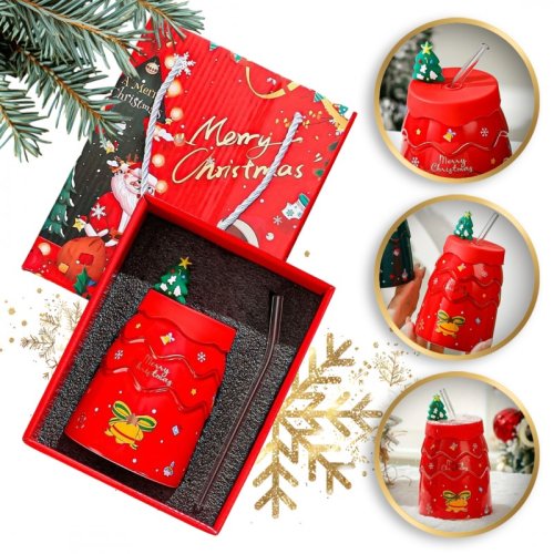 eCa KB06CZE Štýlový vianočný termohrnček v tvare stromčeka so slamkou, 400 ml, červený