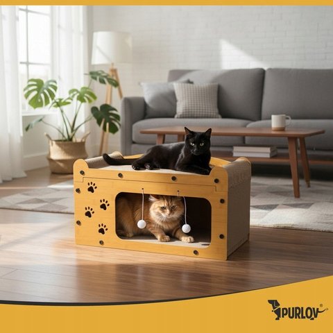 Purlov 27016 Škrabadlo pre mačky dvojposchodový domček 29 x 55 x 29 cm, hnedé