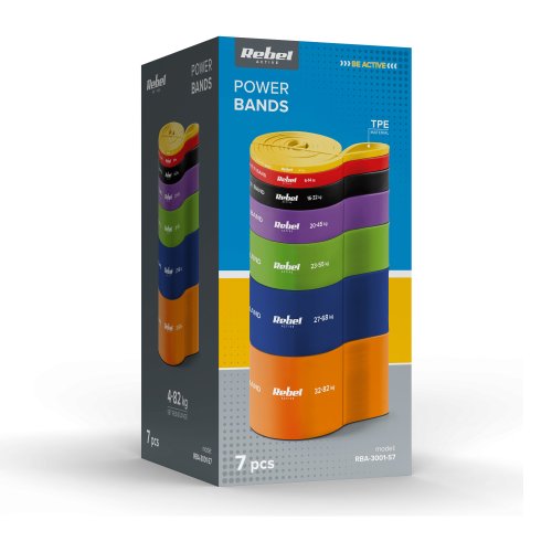 Rebel RBA-3001 Sada odporových gum TPE - Power Band PT-S7, 4-82 kg, 7 Ks