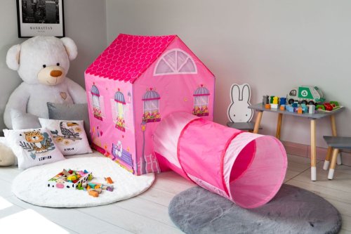 iPlay 8326 Dětský hrací stan - domeček s prolézacím tunelem, růžový