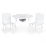EcoToys WH135 Dětská sada nábytku, kulatý stolek + 2 židle, otvor na hračky, bílá