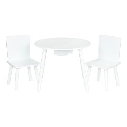 EcoToys WH135 Dětská sada nábytku, kulatý stolek + 2 židle, otvor na hračky, bílá