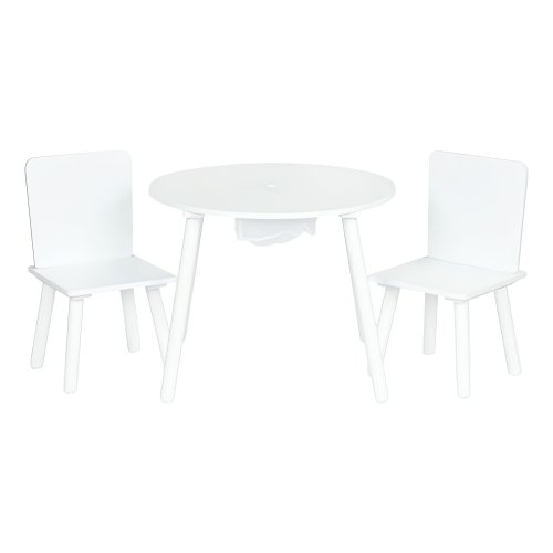 EcoToys WH135 Dětská sada nábytku, kulatý stolek + 2 židle, otvor na hračky, bílá