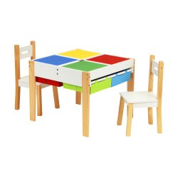EcoToys XKF002 Dětská sada nábytku, stůl + 2 židle, s hrací deskou na stavebnici