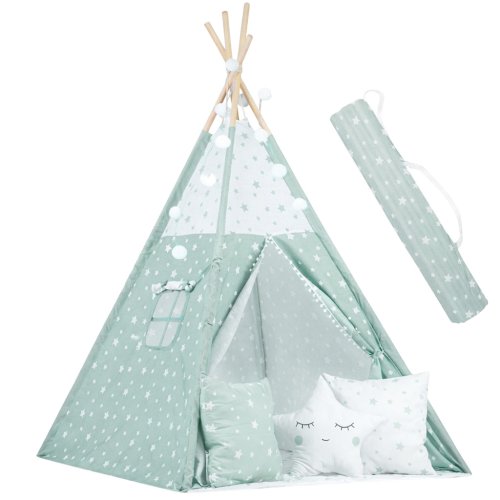 Nukido 740024 Detský teepee s osvetlením – mätový s hviezdami