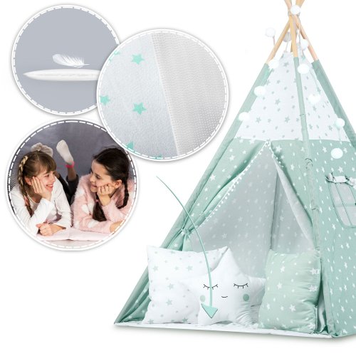 Nukido 740024 Detský teepee s osvetlením – mätový s hviezdami