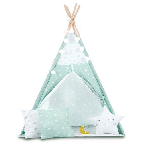 Nukido 740024 Detský teepee s osvetlením – mätový s hviezdami