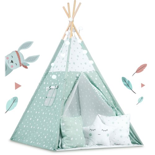 Nukido 740024 Detský teepee s osvetlením – mätový s hviezdami