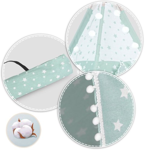 Nukido 740024 Detský teepee s osvetlením – mätový s hviezdami