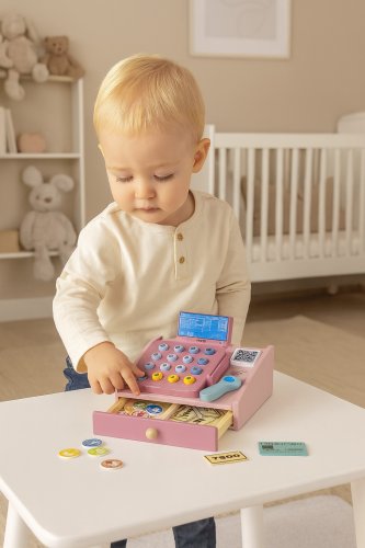 MULTISTORE HC751029 Dřevěná pokladna pro děti se skenerem, bankovkami, mincemi a kartou