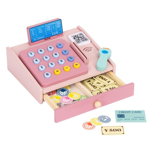 MULTISTORE HC751029 Dřevěná pokladna pro děti se skenerem, bankovkami, mincemi a kartou