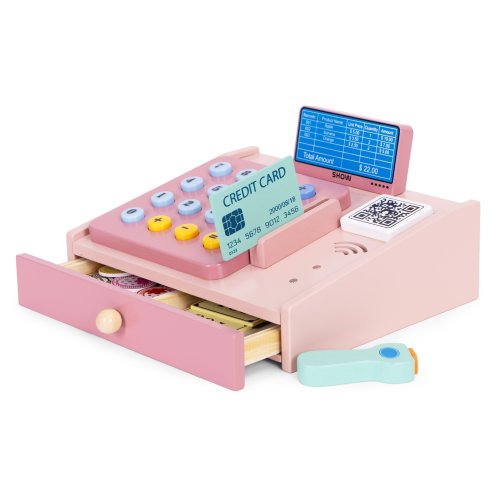 MULTISTORE HC751029 Dřevěná pokladna pro děti se skenerem, bankovkami, mincemi a kartou