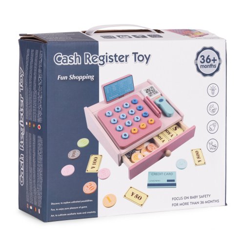 MULTISTORE HC751029 Dřevěná pokladna pro děti se skenerem, bankovkami, mincemi a kartou