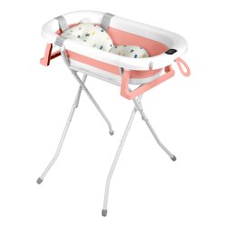 Ricokids RK-287 Skládací dětská vanička se stojanem, teploměrem a vložkou, bílo-růžová