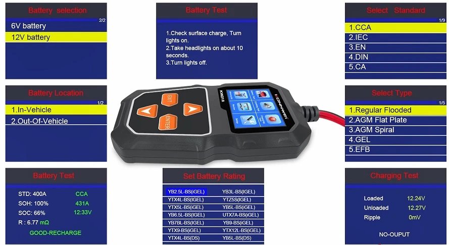 Konnwei KW218 Měřič baterií 6 – 12 V, 100 – 2000 CCA