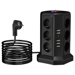 RealG RC-K-1642 Stojanová zásuvková lišta s ochranou proti prepätiu, 12 zásuvkami, 5x USB
