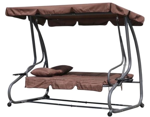 MultiGarden G2025-B Zahradní houpačka 3místná 2v1, matrace + polštář, hnědá