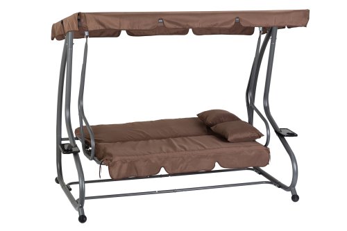 MultiGarden G2025-B Zahradní houpačka 3místná 2v1, matrace + polštář, hnědá