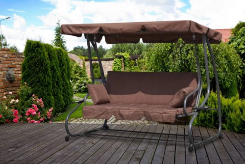 MultiGarden G2025-B Zahradní houpačka 3místná 2v1, matrace + polštář, hnědá